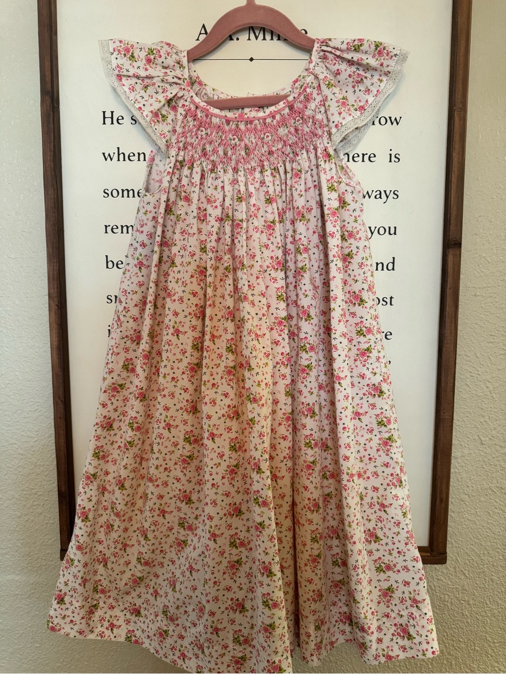 Girls Pink Floral Smocked Flutter-Sleeve Dress